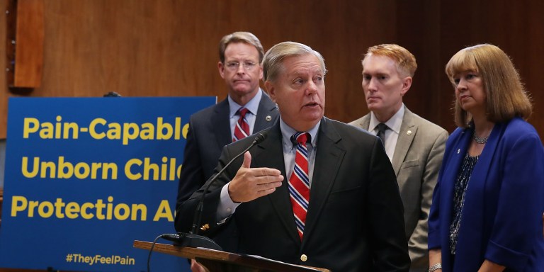 WASHINGTON, DC - OCTOBER 05:  Sen. Lindsey Graham (R-SC) introduces the Senate version of the 'Pain Capable Unborn Child Protection Act' with (L-R) Family Research Council President Tony Perkins, Sen. James Lankford (R-OK), National Right to Life President Carol Tobias other representatives from anti-abortion groups during a news conference in the Dirksen Senate Office Building on Capitol Hill October 5, 2017 in Washington, DC. Graham's bill is the companion legislation to House of Representatives' version, which passed earlier this week by a vote of 237 to 189.  (Photo by Chip Somodevilla/Getty Images)