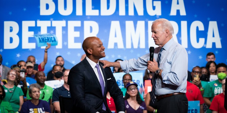 President Joe Biden speaks, with Maryland Democratic gubernatorial candidate Wes Moore, left, during a rally for the Democratic National Committee at Richard Montgomery High School, Thursday, Aug. 25, 2022, in Rockville, Md. (AP Photo/Alex Brandon)