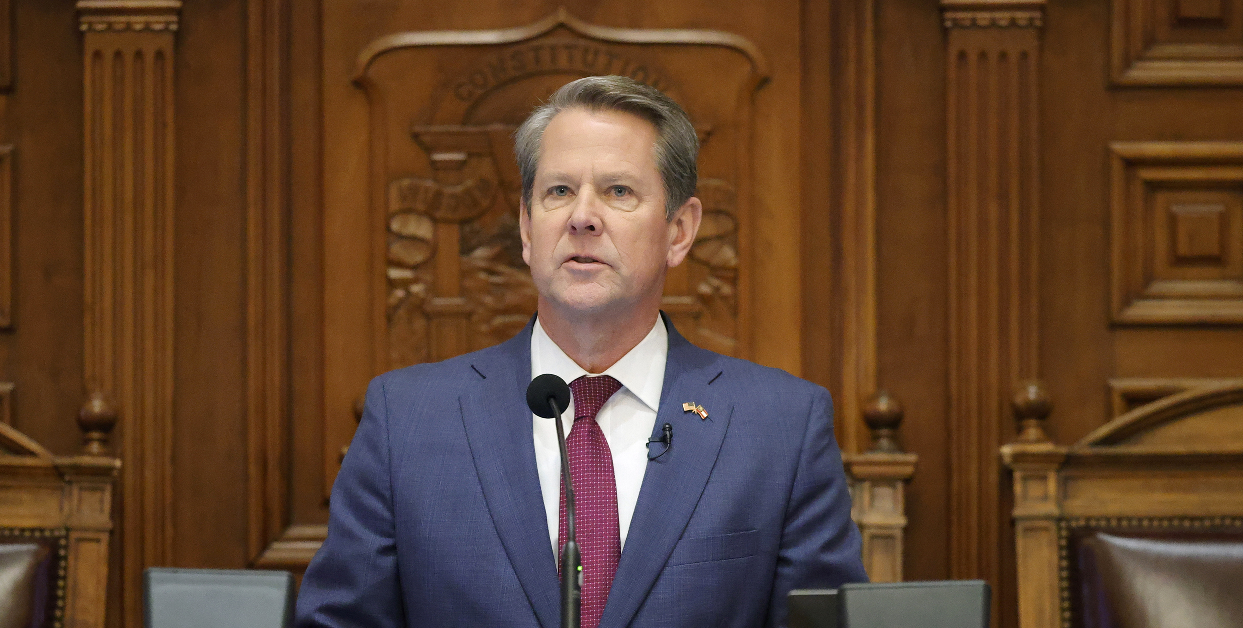 FILE - Georgia Gov. Brian Kemp delivers the State of the State address on the House floor of the state Capitol, Jan. 25, 2023, in Atlanta. The Republican Kemp announced final tax collections for 2023 on Wednesday, July 12, indicating the state will run a roughly $5 billion surplus for the budget year just ended. (AP Photo/Alex Slitz, File)
