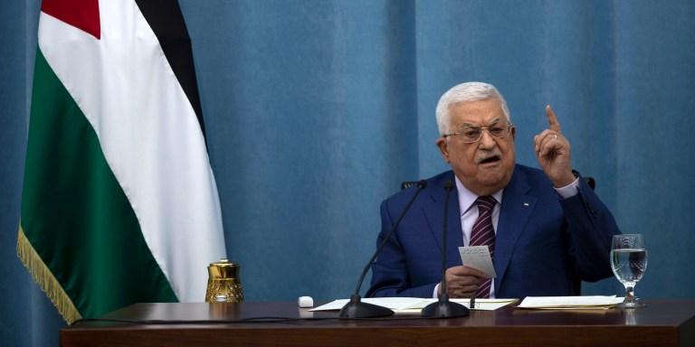 FILE - Palestinian President Mahmoud Abbas speaks during a meeting of the PLO executive committee and a Fatah Central Committee at the Palestinian Authority headquarters in the West Bank city of Ramallah on May 12, 2021. Palestinian political factions on Wednesday, Sept. 13, 2023, raged against dozens of Palestinian academics who had criticized Abbas' recent remarks on the Holocaust that have drawn widespread accusations of antisemitism. (AP Photo/Majdi Mohammed, File)