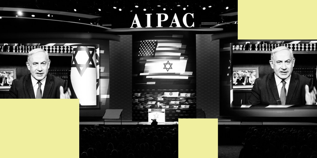 Benjamin Netanyahu, speaking live via video at the American Israel Public Affairs Committee Policy Conference, on March 1, 2020, in Washington, D.C.