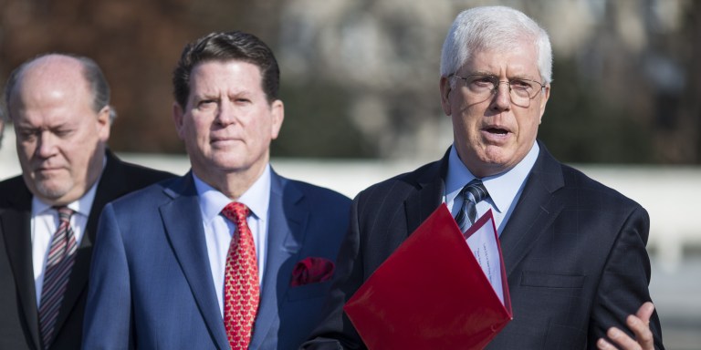 WASHINGTON, DC - DECEMBER 12: Founder and Chairman of the Liberty Counsel Mat Staver speaks during live nativity scene outside of the U.S. Supreme Court on December 12, 2018 in Washington, DC. Faith and Liberty, Liberty Counsel’s Christian missionary outreach, presented the ceremonial nativity scene outside the U.S. Supreme Court where they sang, prayed and read scripture.  (Photo by Zach Gibson/Getty Images)
