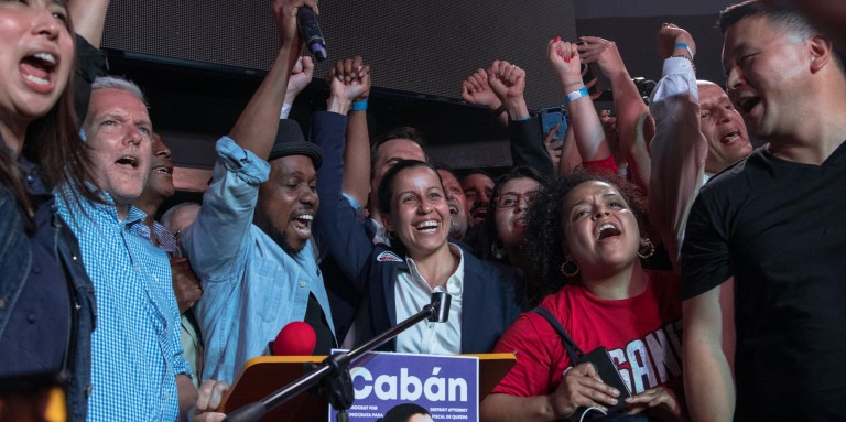 NEW YORK, NY - JUNE 25:  Public defender Tiffany Caban declares victory in the Queens District Attorney Democratic Primary election at her campaign watch party at La Boom nightclub, June 25, 2019 in the Queens borough of New York City. Running on a progressive platform that includes decriminalizing sex work and closing the Rikers Island jail, Caban narrowly defeated Queens Borough President Melinda Katz and scored a shocking victory for city's the progressive grassroots network and criminal justice movement (Photo by Scott Heins/Getty Images)