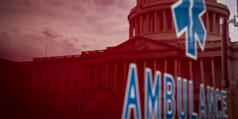 The U.S. Capitol is reflected on the side of an ambulance in Washington, D.C., U.S., on Tuesday, April 21, 2020. The Senate has scheduled a late afternoon session Tuesday in anticipation of approving an agreement on a nearly $500 billion stimulus bill, including $310 billion to replenish the small business program. Photographer: Sarah Silbiger/Bloomberg via Getty Images
