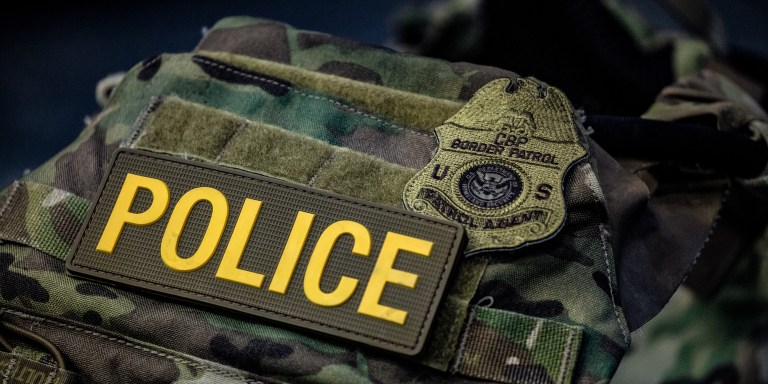 WASHINGTON, DC - JULY 21: A protective vest with identifying markings worn by Border Patrol is seen during a press conference on the actions taken by Border Patrol and Homeland Security agents in Portland during continued protests at the US Customs and Border Patrol headquarters on July 21, 2020 in Washington, DC. (Photo by Samuel Corum/Getty Images)