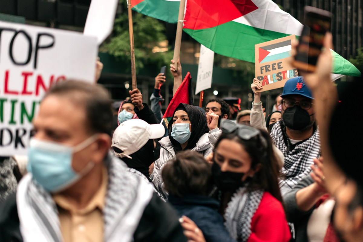 NEW YORK, NY - MAY 11: Protesters demanding an end to Israeli aggression against Palestine rally in Midtown Manhattan on May 11, 2021 in New York City. Recent violence between the Israeli military and Palestinians in Jerusalem has left dozens dead as activists around the world denounce attacks on the city's Al-Aqsa Mosque.(Photo by Scott Heins/Getty Images)