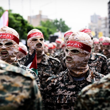 TEHRAN, IRAN - 2022/04/29: Islamic Revolutionary Guard Corps (IRGC) members march during the annual pro-Palestinians Al-Quds or Jerusalem Day rally in Tehran. (Photo by Sobhan Farajvan/Pacific Press/LightRocket via Getty Images)