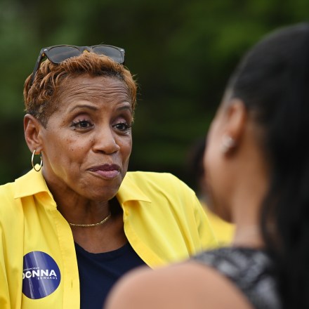 FORT WASHINGTON, MD- JULY 19: Democratic congressional candidate, Donna Edwards greets a voter at Breath of Life Seventh-day Adventist Church on Tuesday July 19, 2022 in Fort Washington, MD. The primary election featured congressional and gubernatorial competition. (Photo by Matt McClain/The Washington Post via Getty Images)