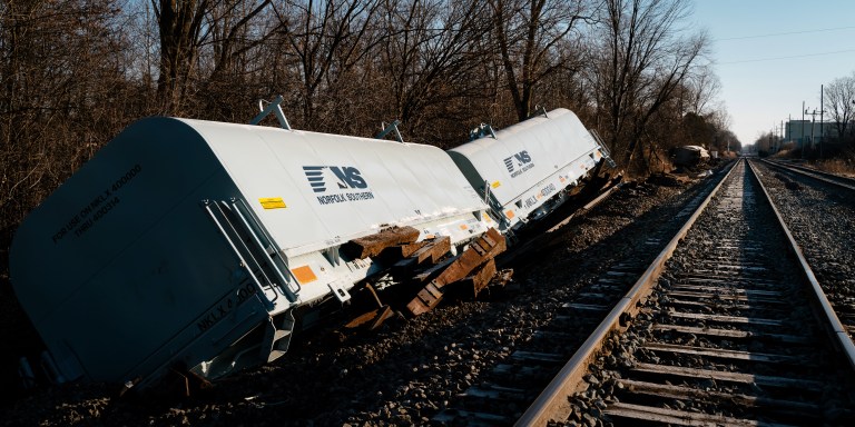 MICHIGAN, UNITED STATES - FEBRUARY 18: A train derails in Michigan with several cars veering off track in Van Buren Township, in Michigan, United States on February 18, 2023. There are no reported injuries or release of hazardous materials at this time. Congresswoman Debbie Dingell, Representative of the district that includes the site of the derailment, stated âThe car carrying hazardous material has been put upright and is being removed from the area of the other derailed cars, and EPA is dispatching a team to ensure public safety.â The train was operated by Norfolk Southern, the same company operating the train that derailed in East Palestine, Ohio less than two weeks ago. The company has faced scrutiny for the ongoing situation in East Palestine after the release of hazardous chemicals. It is unclear what caused Thursdayâs derailment in Michigan, first reported before 9 in the morning. An investigation is ongoing. (Photo by Nick Hagen/Anadolu Agency via Getty Images)