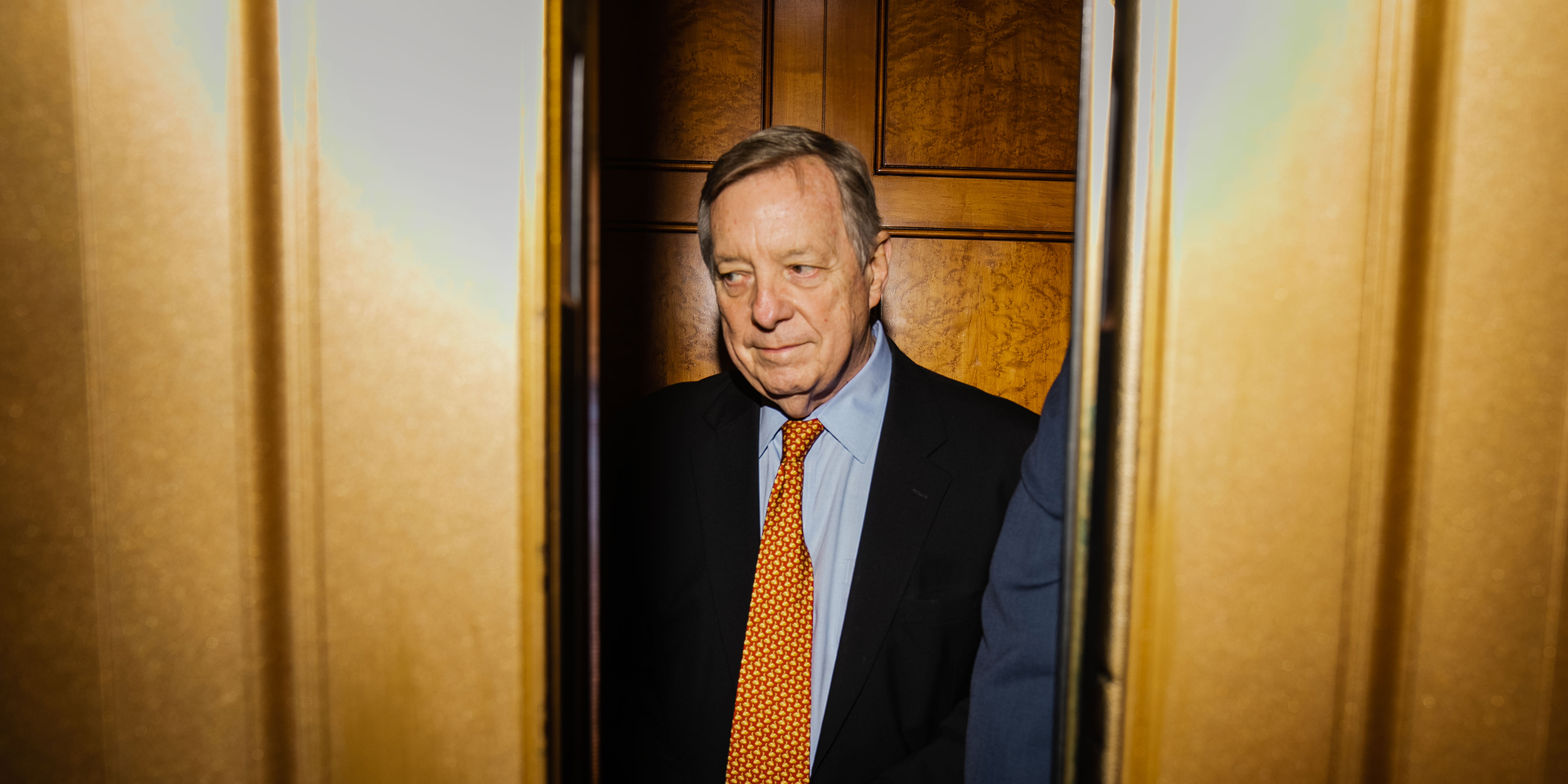 WASHINGTON, DC - MAY 04: Senator Dick Durbin (D-IL), center, and Sen. Gary Peters (D-MI) depart from the Senate Chamber following a vote at the U.S. Capitol on Thursday, May 4, 2023 in Washington, DC.  (Kent Nishimura / Los Angeles Times via Getty Images)