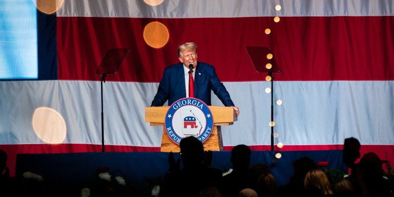 Former US President Donald Trump speaks during the Georgia GOP State Convention in Columbus, Georgia, on Saturday, June 10, 2023. Trump called his federal indictment a "travesty of justice" in his first public appearance since he was charged for allegedly mishandling classified materials after he left the White House. Photographer: Elijah Nouvelage/Bloomberg via Getty Images