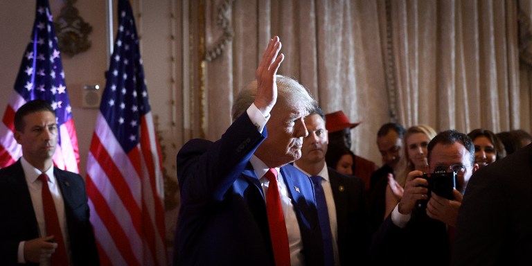 PALM BEACH, FLORIDA - NOVEMBER 15: Former U.S. President Donald Trump waves after speaking during an event at his Mar-a-Lago home on November 15, 2022 in Palm Beach, Florida. Trump announced that he was seeking another term in office and officially launched his 2024 presidential campaign.  (Photo by Joe Raedle/Getty Images)