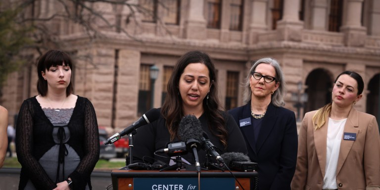AUSTIN, TEXAS - MARCH 07: (L-R) Plaintiffs Amanda Zurawski, Lauren Hall, Anna Zargarian, CRR President & CEO Nancy Northup, CRR Media Relations Director Kelly Krause at the Texas State Capitol after filing a lawsuit on behalf of Texans harmed by the state's abortion ban on March 07, 2023 in Austin, Texas. (Photo by Rick Kern/Getty Images for the Center for Reproductive Rights)