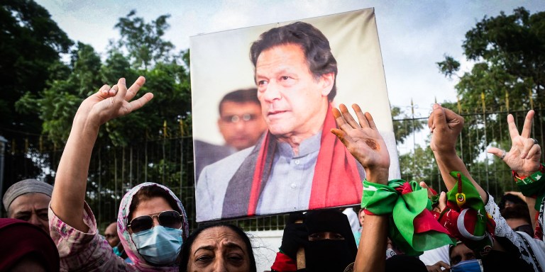 Pakistan Tehreek-e-Insaf (PTI) party activists and supporters protest against the arrest of Pakistan's former Prime Minister Imran Khan, in Karachi on August 27, 2023. (Photo by Asif HASSAN / AFP) (Photo by ASIF HASSAN/AFP via Getty Images)
