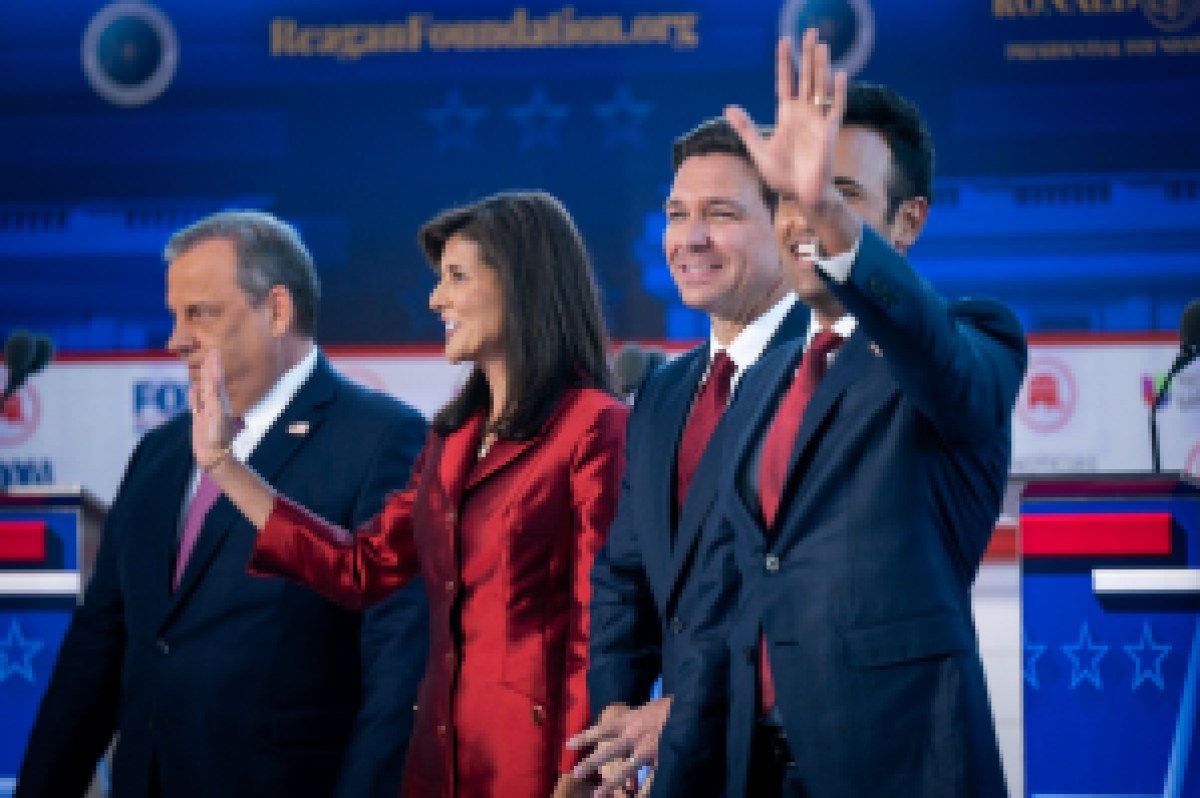 Simi Valley, CA - September 27:Simi Valley, CA - September 27:Republican Presidential Candidates, L to R; Chris Christie, Nikki Haley Ron Desantis and Vivek Ramaswamy arrive for the start of the second GOP debate at the Ronald Reagan Presidential Library in Simi Valley, CA, Wednesday, September 27, 2023. (Photo by David Crane, Los Angeles Daily News/SCNG)