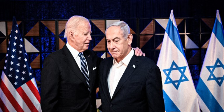 TEL AVIV, ISRAEL - OCTOBER 18: (----EDITORIAL USE ONLY - MANDATORY CREDIT - 'ISRAELI GOVERNMENT PRESS OFFICE (GPO) / HANDOUT' - NO MARKETING NO ADVERTISING CAMPAIGNS - DISTRIBUTED AS A SERVICE TO CLIENTS----) US President Joe Biden (L) and Prime Minister Benjamin Netanyahu (R) meet in Tel Aviv, Israel on October 18, 2023. (Photo by GPO/ Handout/Anadolu via Getty Images)