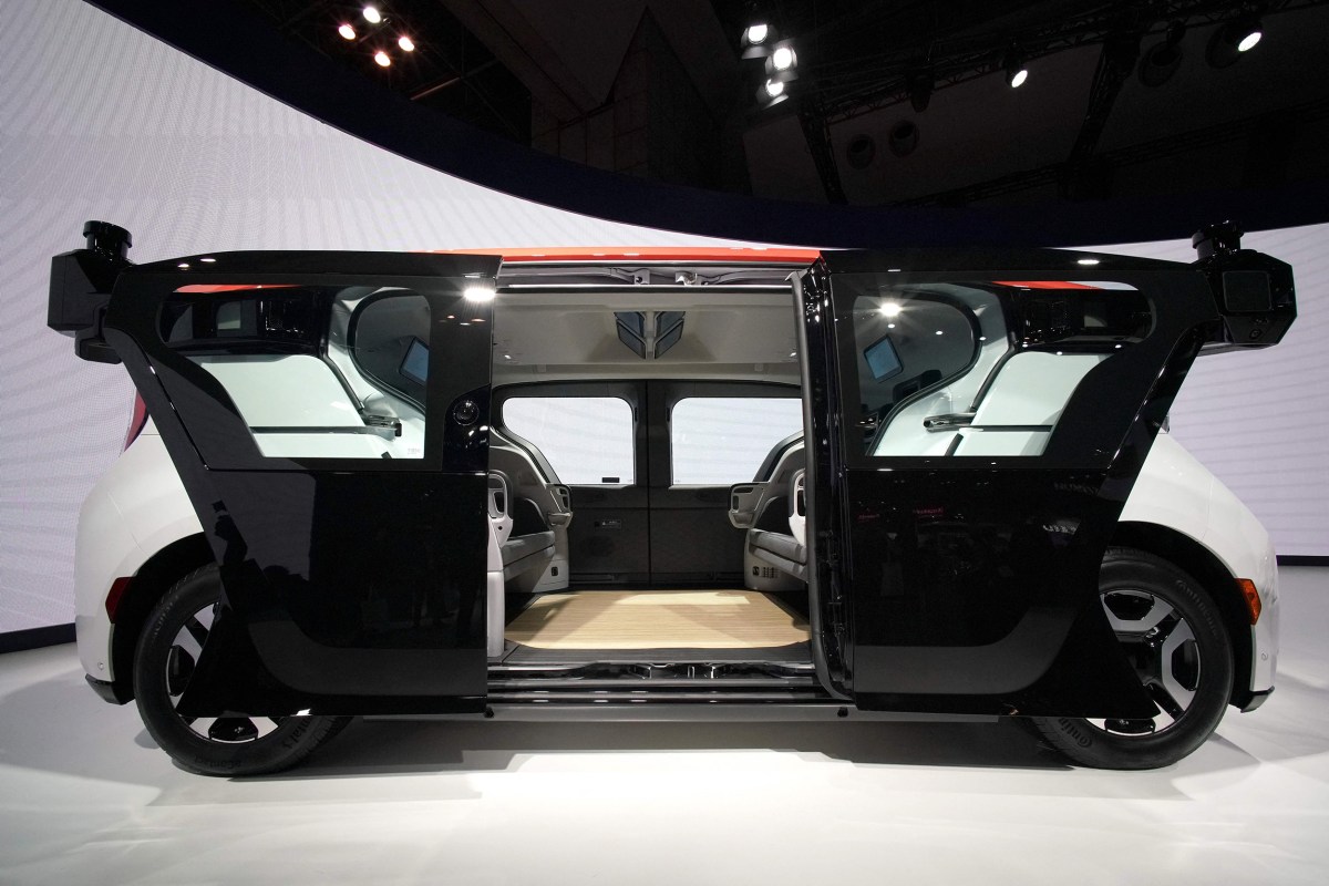 The Cruise Origin, a self-driving vehicle with no steering wheel or pedals, is displayed at the Honda Motor's booth during the press day of the Japan Mobility Show in Tokyo on October 25, 2023. (Photo by Kazuhiro NOGI / AFP) (Photo by KAZUHIRO NOGI/AFP via Getty Images)