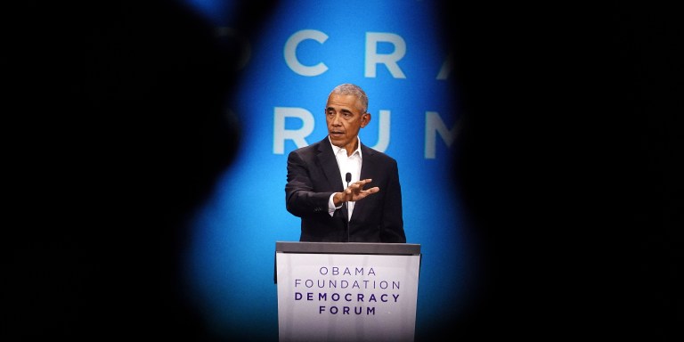 CHICAGO, ILLINOIS - NOVEMBER 03: Former President Barack Obama speaks to attendees at the Obama Foundation Democracy Forum on November 03, 2023 in Chicago, Illinois. Obama spoke about economic inclusion is fundamental to safeguarding and expanding democracies in countries around the world. (Photo by Scott Olson/Getty Images)