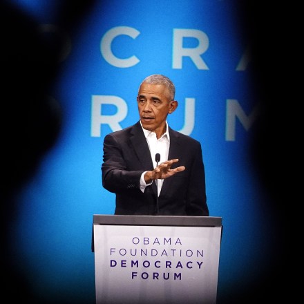 CHICAGO, ILLINOIS - NOVEMBER 03: Former President Barack Obama speaks to attendees at the Obama Foundation Democracy Forum on November 03, 2023 in Chicago, Illinois. Obama spoke about economic inclusion is fundamental to safeguarding and expanding democracies in countries around the world. (Photo by Scott Olson/Getty Images)