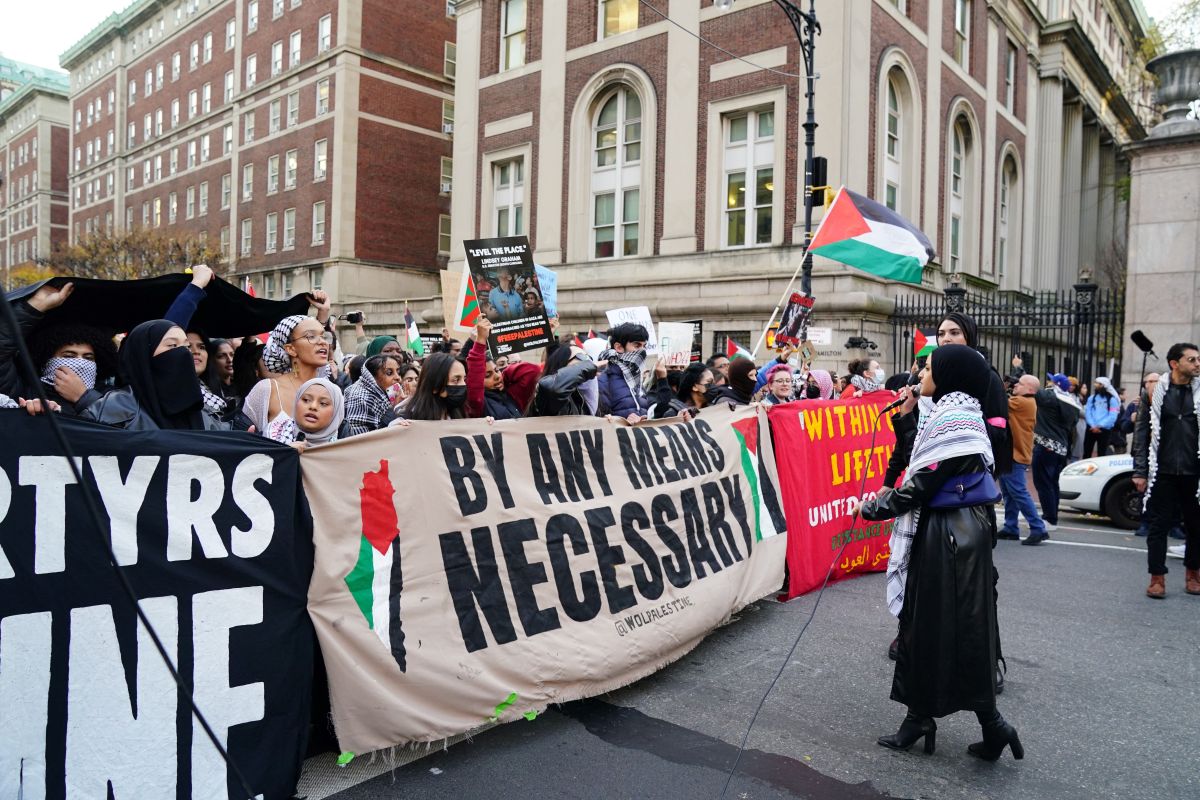 Demonstrators rally at a "All out for Gaza" protest at Columbia University in New York on November 15, 2023. Israel has vowed to eradicate Hamas in retaliation for the attacks of October 7, which killed 1,200 people, most of them civilians, according to Israeli officials. The Hamas-run health ministry in Gaza says the death toll from the military offensive has now topped 11,500, including thousands of children. (Photo by Bryan R. Smith / AFP) (Photo by BRYAN R. SMITH/AFP via Getty Images)