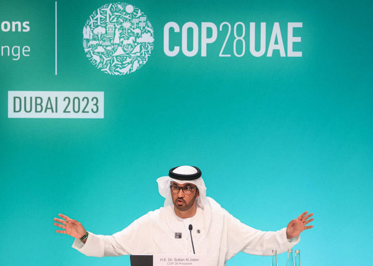 COP28 president Sultan Ahmed Al Jaber speaks during a press conference at the United Nations climate summit in Dubai on December 4, 2023. The Emirati president of the UN's COP28 talks said on December 4 he respects climate science, after a leaked video showed him declaring that no science says a fossil fuel phaseout will help achieve climate goals. (Photo by KARIM SAHIB / AFP) (Photo by KARIM SAHIB/AFP via Getty Images)