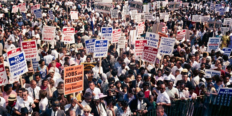More than 200,000 people participated in the March on Washington demonstrations. The throng marched to the Mall and listened to Civil Rights leaders, clergyman and others addressed the crowd, including Martin Luther King, Jr.'s "I Have a Dream" speech.