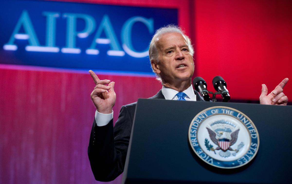 US Vice President Joe Biden speaks at the American Israel Public Affairs Committee?s (AIPAC) annual policy conference at the Walter E. Washington Convention Center in Washington, DC, May 5, 2009. AFP PHOTO / Saul LOEB (Photo credit should read SAUL LOEB/AFP via Getty Images)