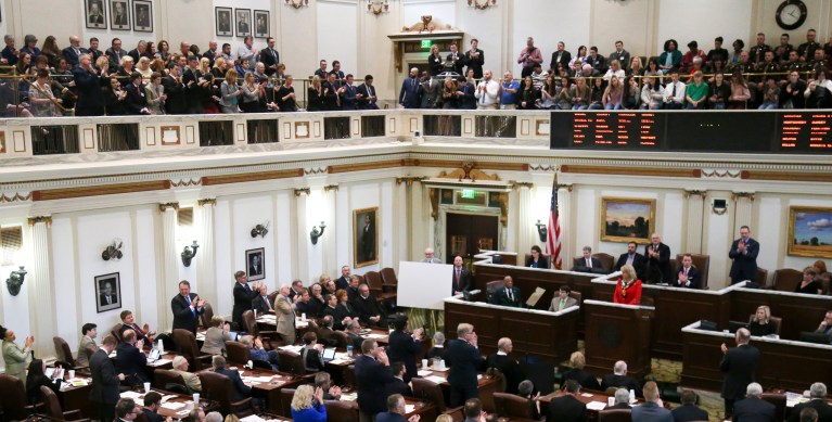 Legislators listen to Gov. Mary Fallin's State of the State address at the State Capitol in Oklahoma City, Monday, Feb. 6, 2017. (Jessie Wardarski/Tulsa World via AP)