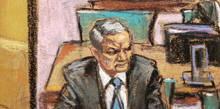 Former Mexican security secretary Genaro Garcia Luna appears on a screen while sitting in Brooklyn federal court on drug trafficking charges during jury selection in New York, U.S., January 17, 2023 in this courtroom sketch. REUTERS/Jane Rosenberg